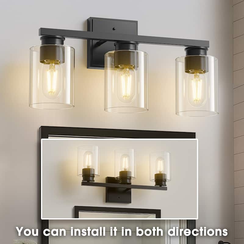 YANSUN 3-Light Bathroom Light Fixtures, Black Vanity Lights with Clear Glass Shade