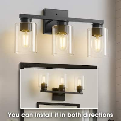 YANSUN 3-Light Bathroom Light Fixtures, Black Vanity Lights with Clear Glass Shade