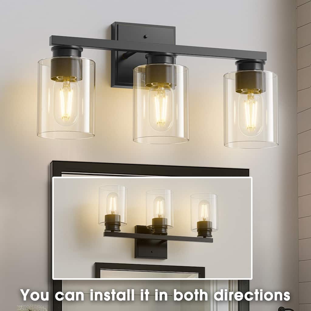 YANSUN 3-Light Bathroom Light Fixtures, Black Vanity Lights with Clear Glass Shade