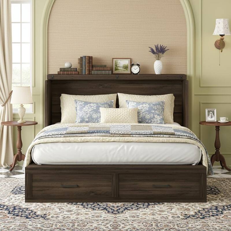 Rustic Fold-Out Murphy Cabinet Bed with Charging Ports & Deep Storage Drawer by Harper&Bright Designs - Gray - Queen