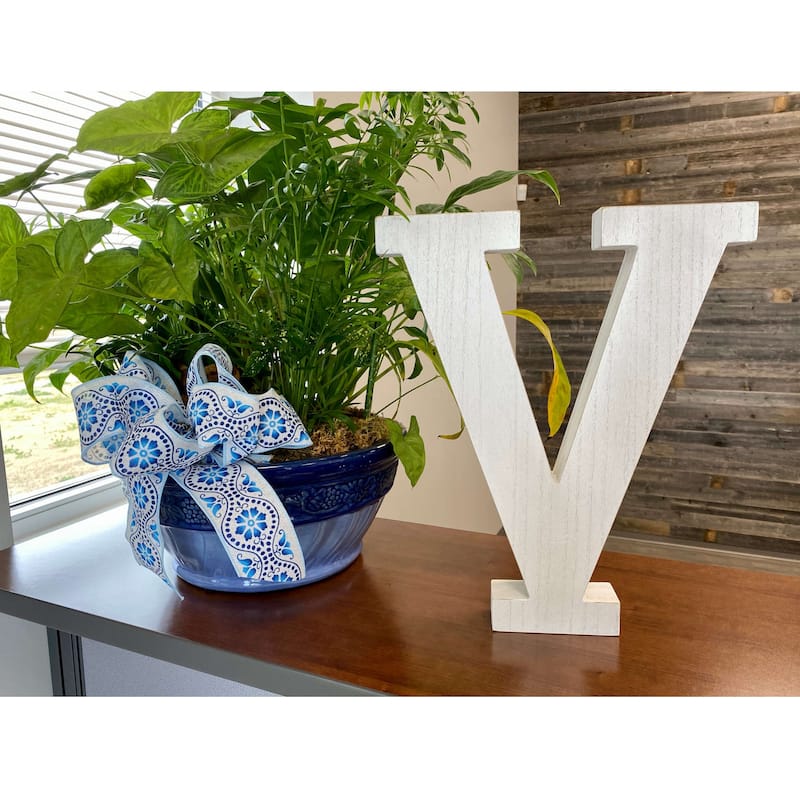 16" Distressed White Wash Wooden Initial Letter V Sculpture