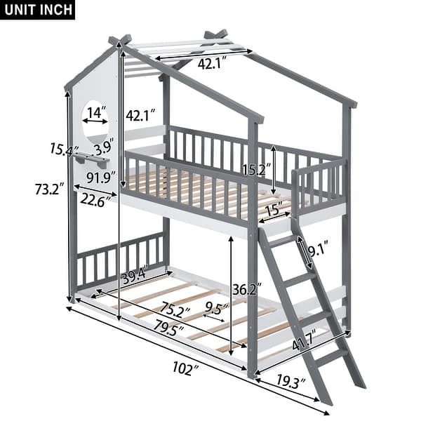 dimension image slide 0 of 2, Roof and Windows Design Twin Over Twin Bunk Bed Wood Bed With Ladder