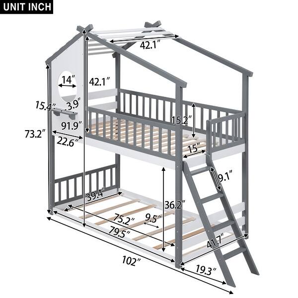 dimension image slide 0 of 2, Twin Over Twin Wood Bunk Bed with Roof, Window, Ladder