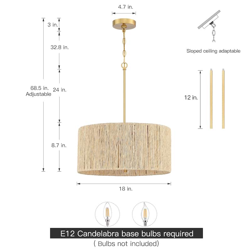 Jillian 4-Light Rattan Drum Chandelier Light with Brass Canopy - 18'' W