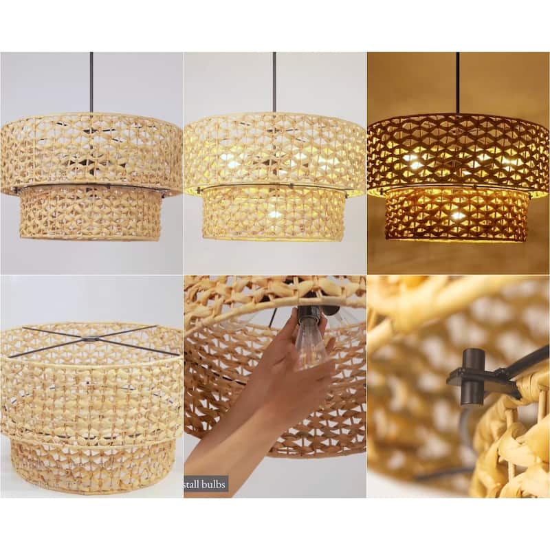 Ravy Farmhouse 6-Light Drum Rattan Chandelier Coastal Organic Pendant for Dining Living Room - Dia. 26" x H 15.7"