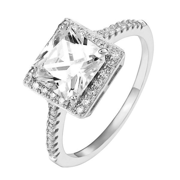 Sterling Silver Princess Cut Halo Ring Cubic Zironia Engagement Promise Elegant