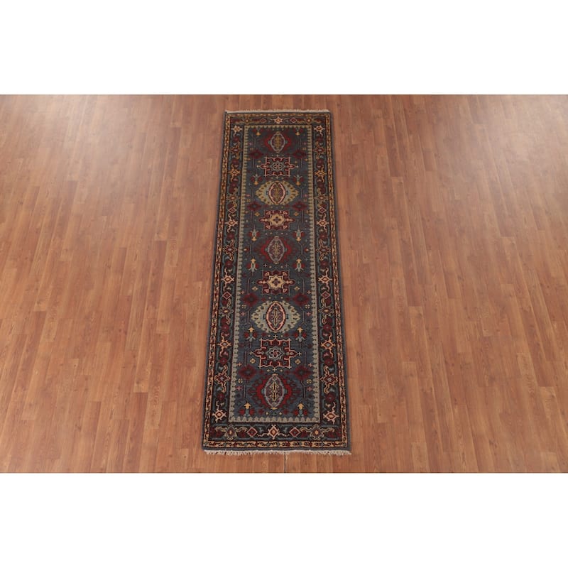 Geometric Kazak Runner Rug Handmade Blue Traditional Wool Carpet - 2'8"x 8'0"