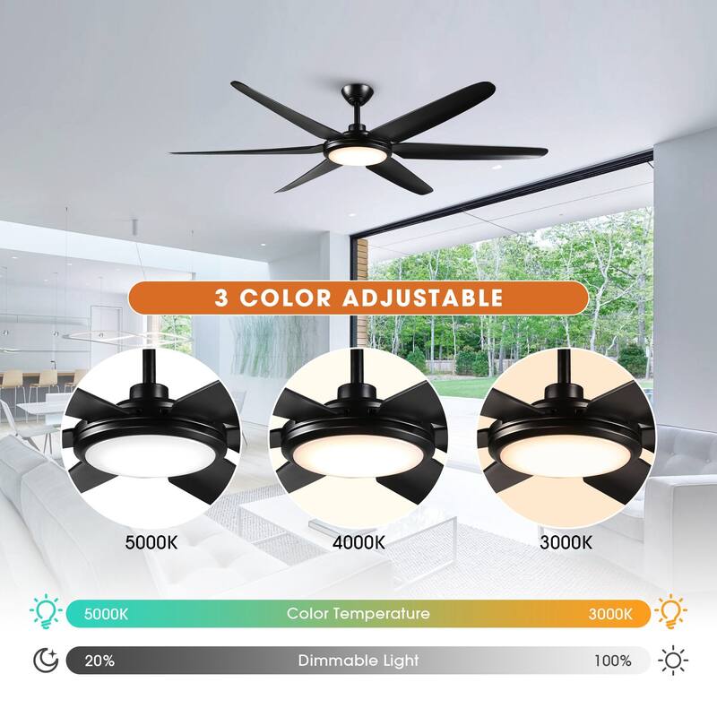 65-inch Modern Black Large Dimmable Ceiling Fan with LED Light and Remote - 65" W x 13.3" H/16.3" H