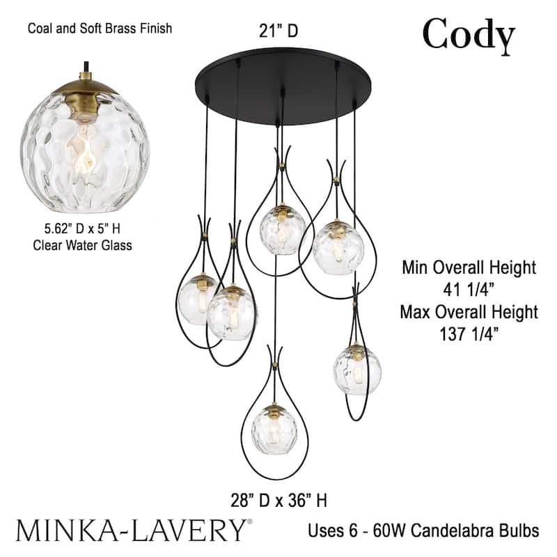 Minka Lavery 1536 Cody 6 Light 28" Wide Pendant with Clear Water Glass