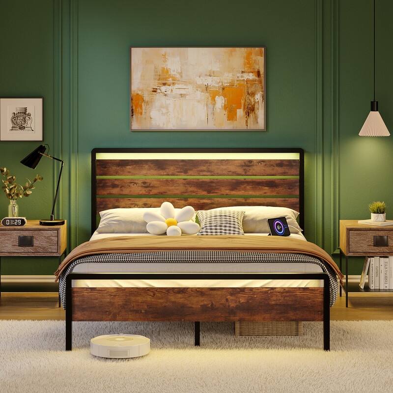 Bed Frame with LED Light and Charging Station, Metal Platform Bed with Wood Headboard