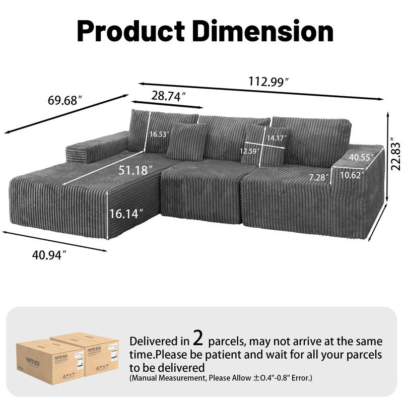 Modular Sectional Sofa with L-Shape Chaise, Full-Compressed Boneless Cloud Sofa, Corduroy Upholstered 3 Seater Sofa