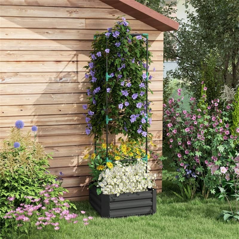 Galvanized Steel Raised Planter with Adjustable Trellis Ideal for Tomatoes or Climbing Plants - 24" W x 24" D x 73.5" H