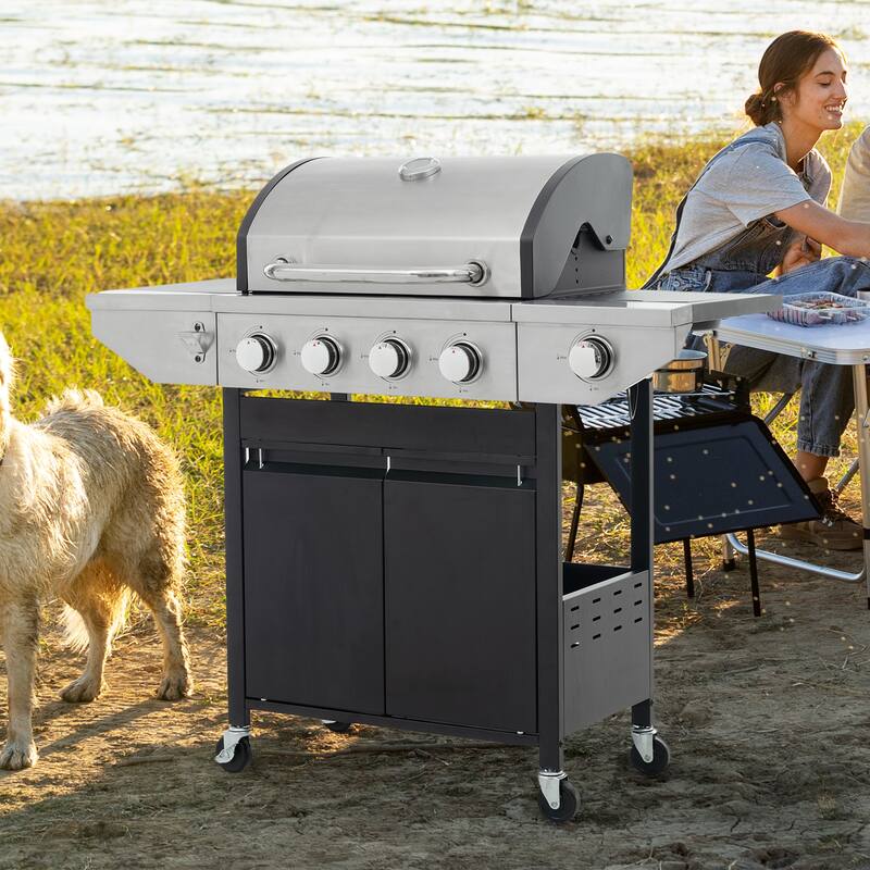 Propane Grill, Stainless Steel BBQ Grill with Side Burner and 4 Burner