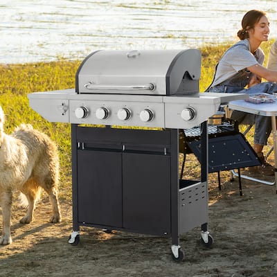 Propane Grill 4 Burner Barbecue Grill Stainless Steel Gas Grill with Side Burner, for Outdoor Cooking Patio, Garden