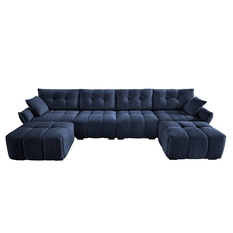 141.7" Chenille 4-Seater Sofa Set with 2 Ottomans, Solid Wood Frame and High-Resilience Cushions