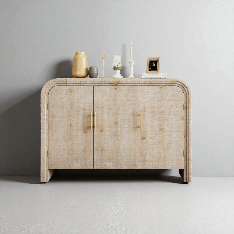 47" Retro Curved Sideboard with Gold Handles, Adjustable Shelves, Fir Veneer Cabinet for Dining or Entryway - Natural