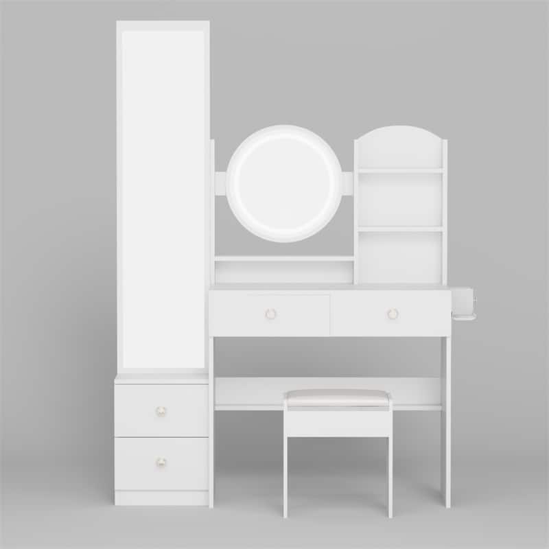 Full Mirror Cabinet + Round Mirror LED Vanity Table + Cushioned Stool