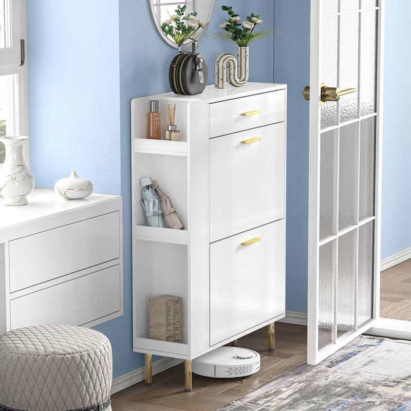 Anmytek Modern White Shoe Storage Cabinet 16 Pairs Slim Shoe Rack Organizer with 2 Flip Drawers - 29.5"W x 9.4"D x 41.3"H