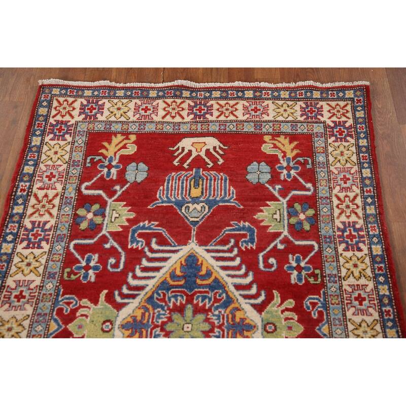 Geometric Red Kazak Oriental Rug Handmade Traditional Wool Carpet - 3'4"x 5'3"