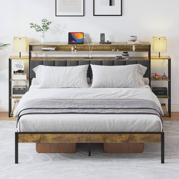 slide 2 of 8, King Platform Bed Frame with Storage, LED Lights & Charging Station, Velvet Headboard & Shelves, No Box Spring Needed, Dark Grey Dark Grey