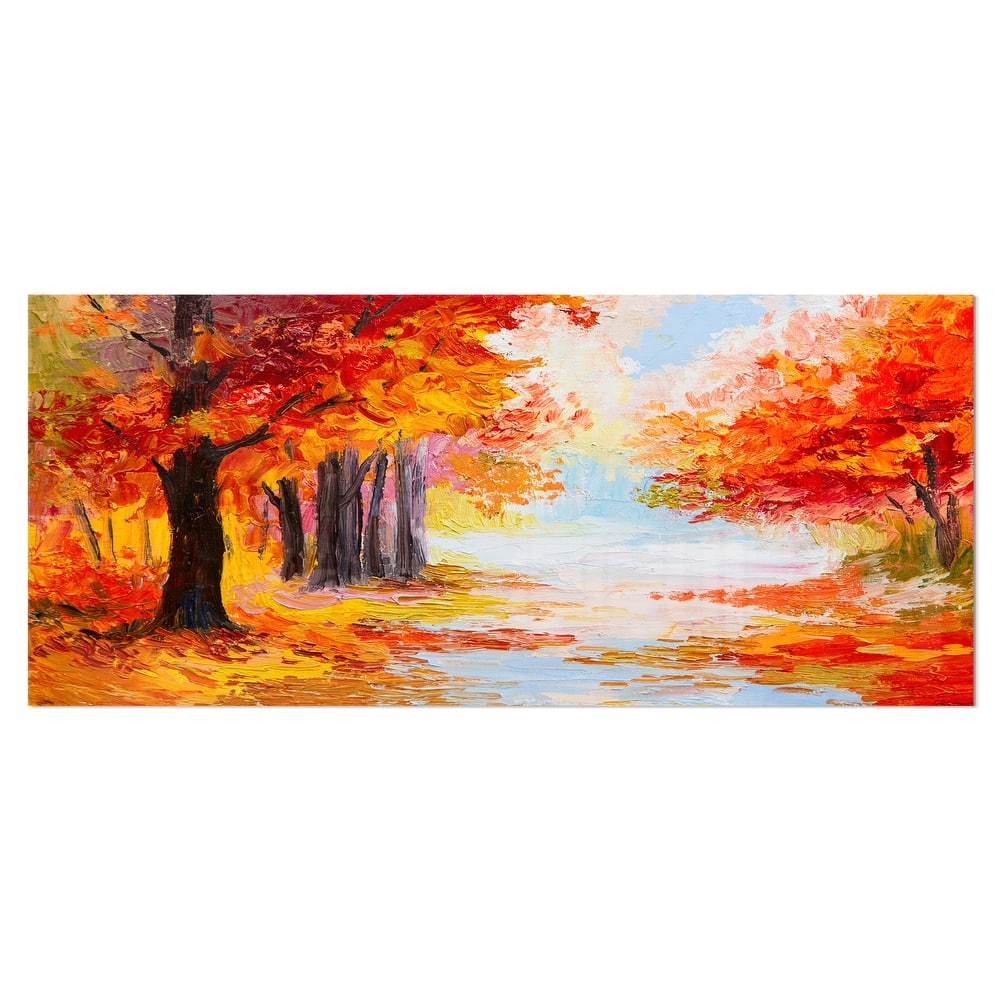 Designart 'Orange Forest in Autumn' Landscape Metal Wall Art