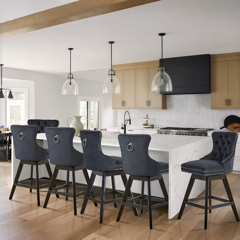 Velvet Wing-Back Tufted Nailhead Upholstered Bar Stools (Set of 6) - Black Velvet