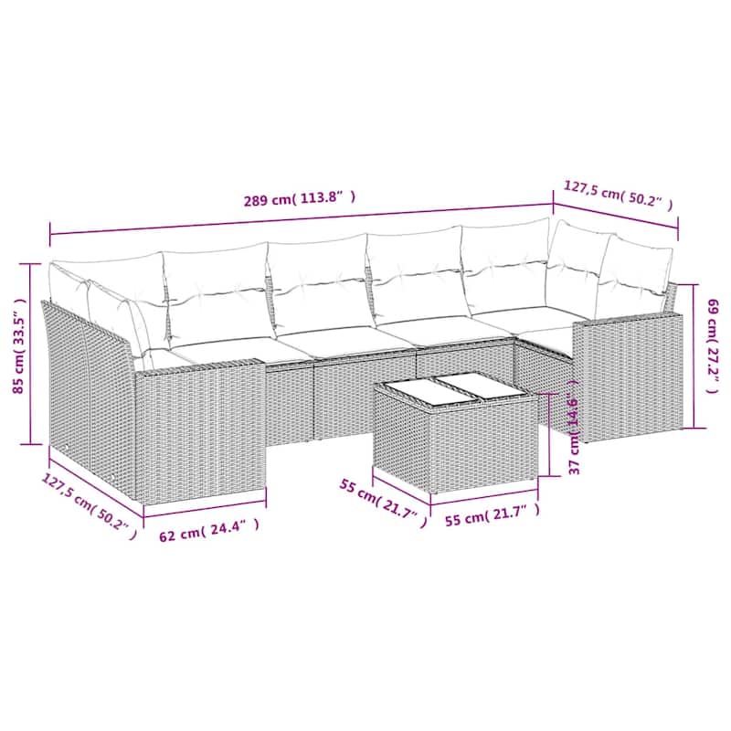 vidaXL Patio Sofa Set with Cushions Outdoor Furniture 8 Piece Poly Rattan - 25.8" x 24.4" x 27.2"