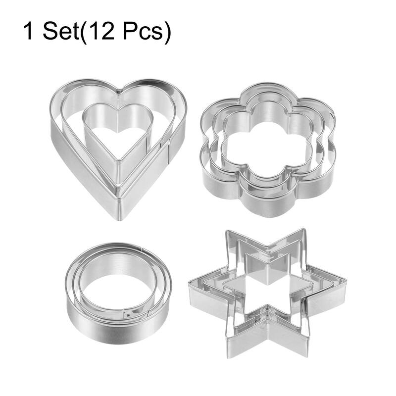 12pcs Cookie Cutters, Heart Round Star Flower Shaped Biscuit Cookie Cutter - Silver