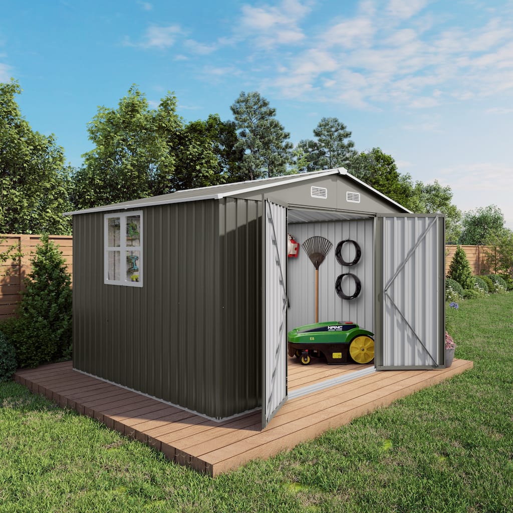 10 x 8 FT Large Gray Metal Outdoor Storage Shed with Lockable Door, Air Vent and Clear Window for Garden Tools and Bicycles