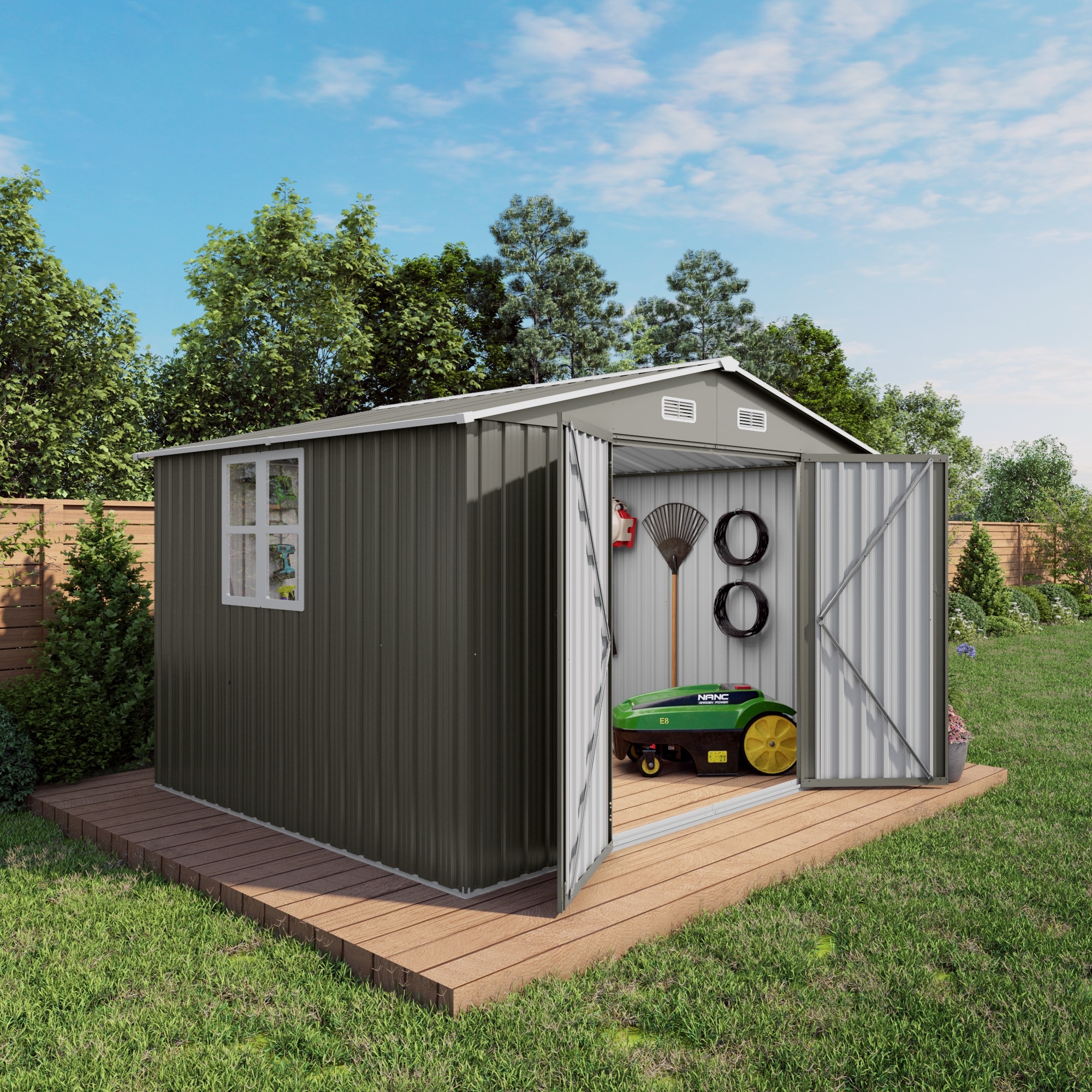 10 x 8 FT Large Gray Metal Outdoor Storage Shed with Lockable Door, Air Vent and Clear Window for Garden Tools and Bicycles