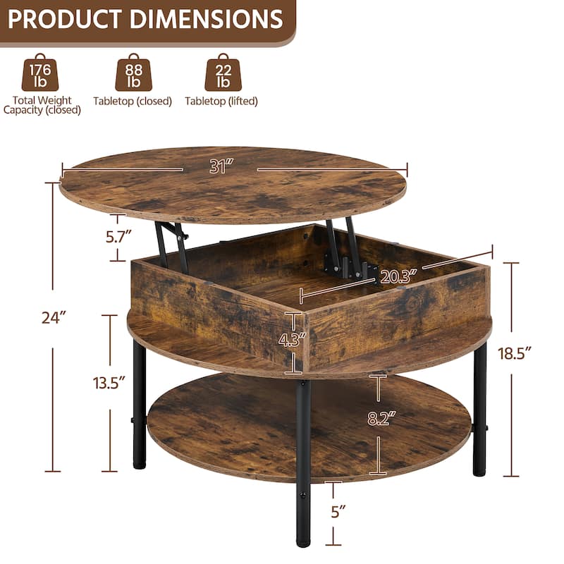 Yaheetech Round Lift Top Coffee Table with Hidden Compartment & Storage Shelf