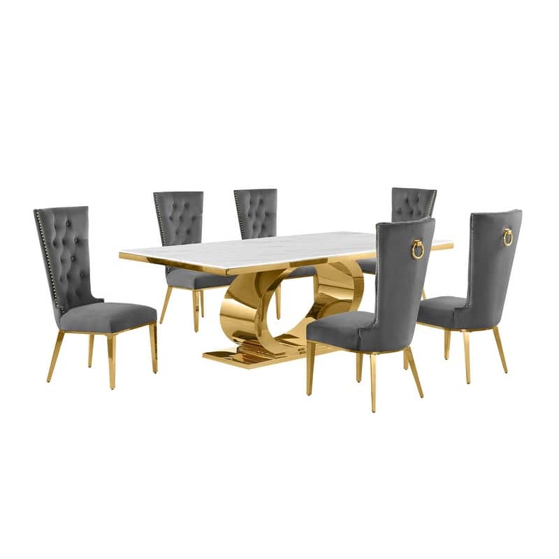 Best Quality Furniture D432/3-SC330-7 Dining Set with 87" White Marble Top
