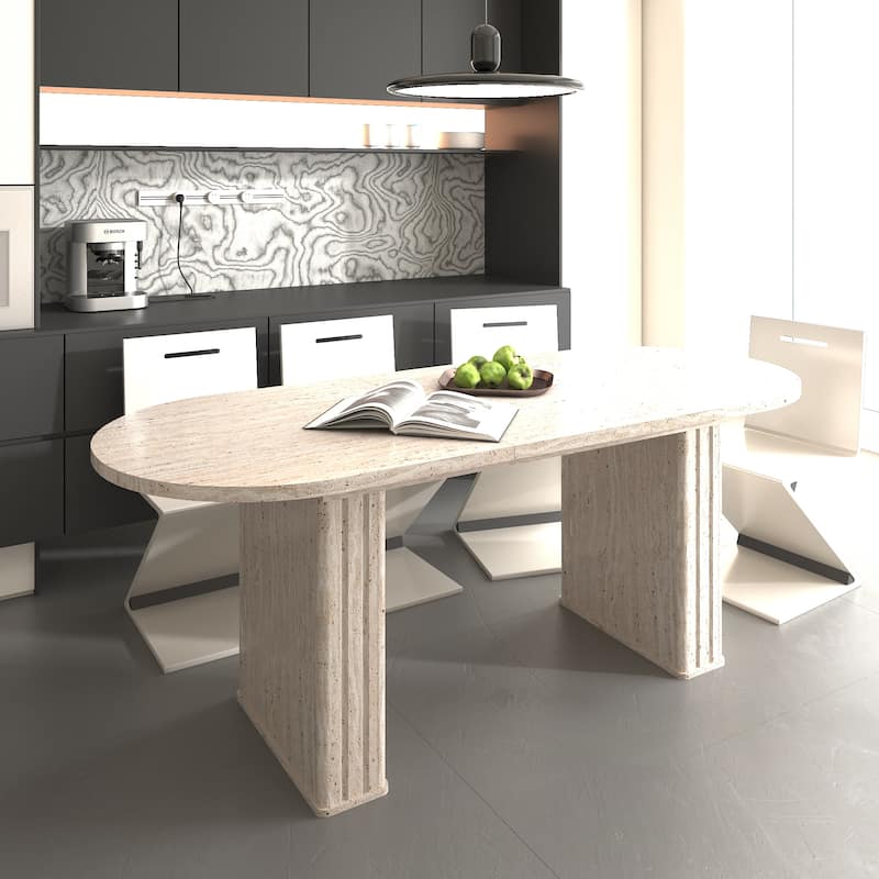 Kitchen extendable dining table for 4-8 people, oval kitchen table with wooden strip base for family living room - Beige