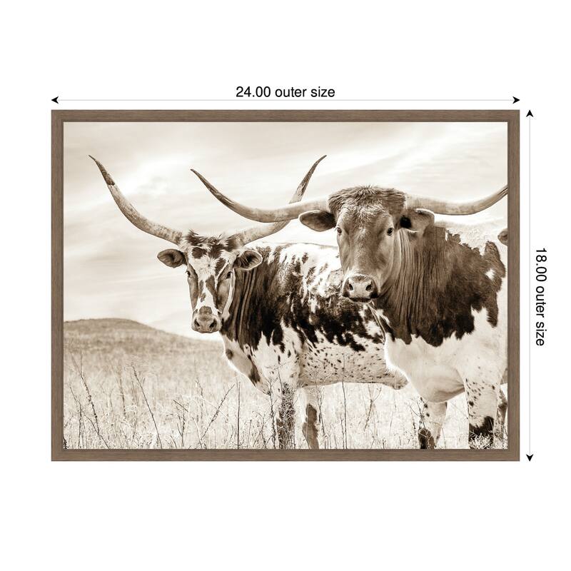 Kate and Laurel Sepia Texas Longhorn Cattle in Pasture by The Creative Bunch Studio Framed Canvas Wall Art Print