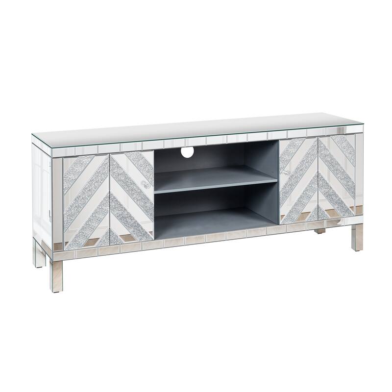 Modern Mirrored TV Stand, for 65+ Inch TVs with 2 Bookshelves and 2 Crystal Handle Cabinet Doors, for Living Rooms
