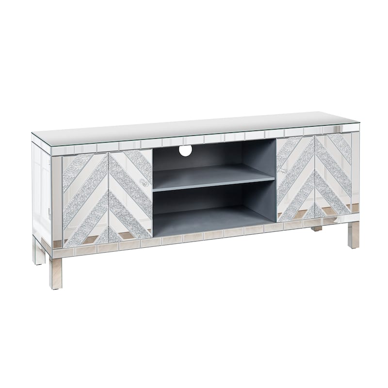 TV Stand with M Shape Sparkling Mirror Doors, Console Table with 2 Storage Cabinets, Entertainment Center with Open Shelves