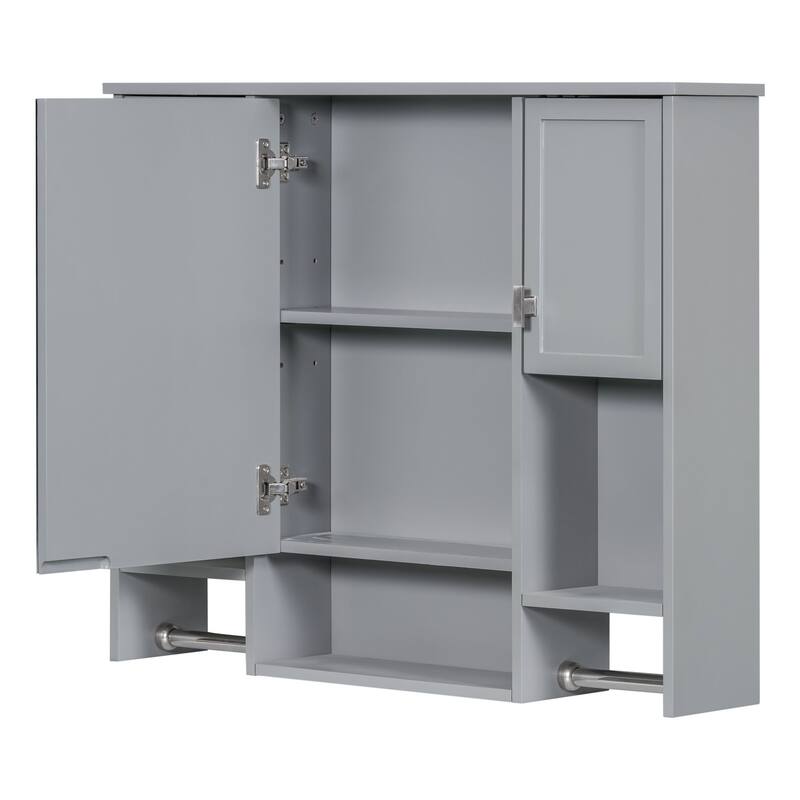 35'' x 28'' Modern Wall Mounted Bathroom Storage Cabinet with Mirror, 3 Doors, Adjustable Shelves, Towel Bar, Black