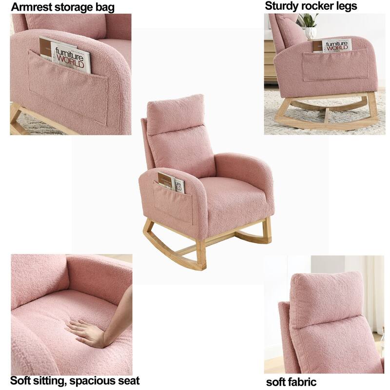 Teddy Fabric Rocking Chair with Side Pockets & High Back Support