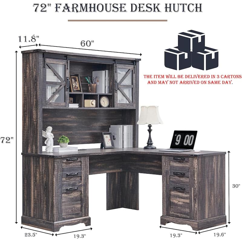 Farmhouse L Shaped Desk with Hutch, Wood Desk with Charging Station