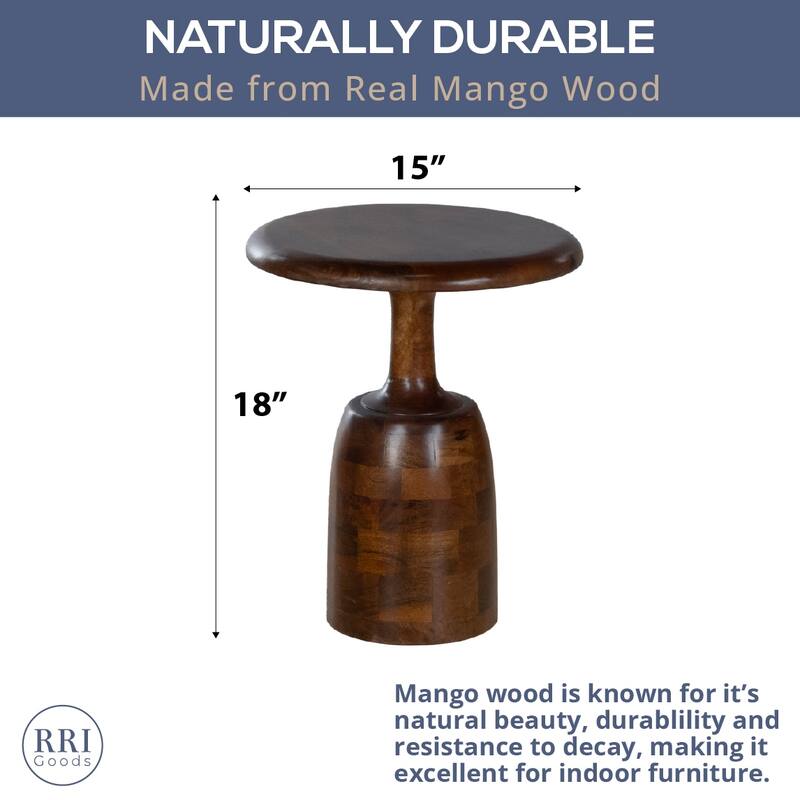 Handcrafted 15" Round Mango Wood Side Table with Pedestal Base and Dark Stained Finish - 18" Tall