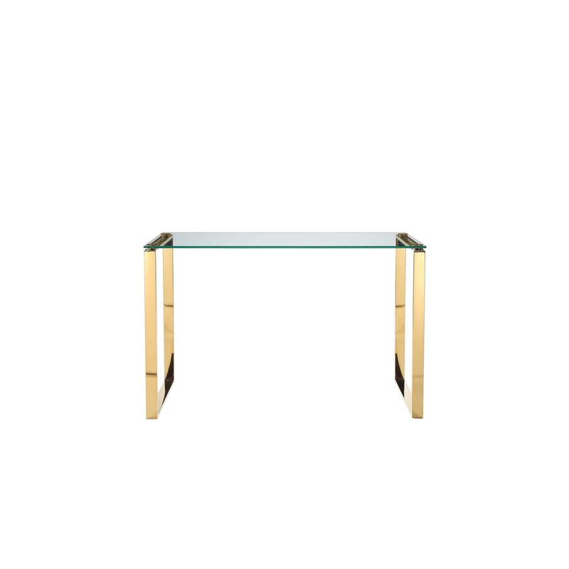 47 Inch Modern Office Desk, Clear Tempered Glass, Gold Sled Steel Frame