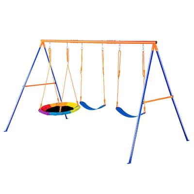 Swing Sets Included 1 Saucer 2 Belt Swing Seats with A-Shape Frame Metal Stand - 120"L x 72.01"W x 65"H