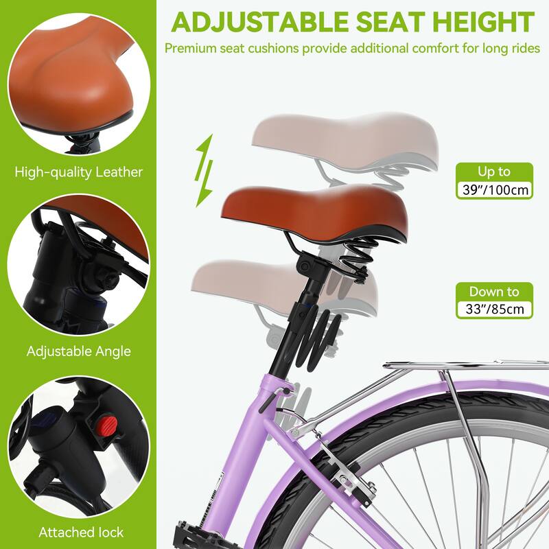 26 Inch Beach Cruiser Bike for Women - 1 Speed Commute Bike for Adults - Womens Bicycle with Adjustable Seat in Purple - 26"