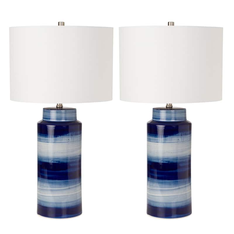 HomeRoots Set of Two 30" Blue and White Ceramic Cylinder Table Lamps With White Drum Shade - 16' X '30' X '16