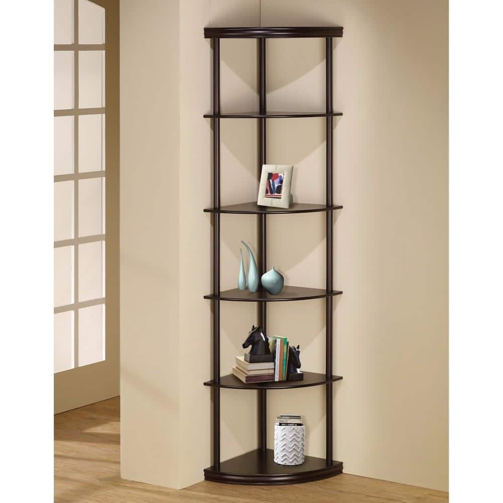 Illuminating corner bookcase with five pie-shaped shelves, Brown - 71.75 H x 15.75 W x 15.75 L Inches
