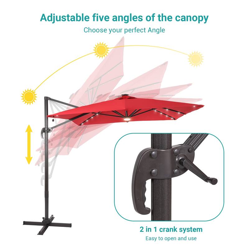 BONOSUKI 10x8FT LED Cantilever Patio Umbrella 360 Rotation and Canopy