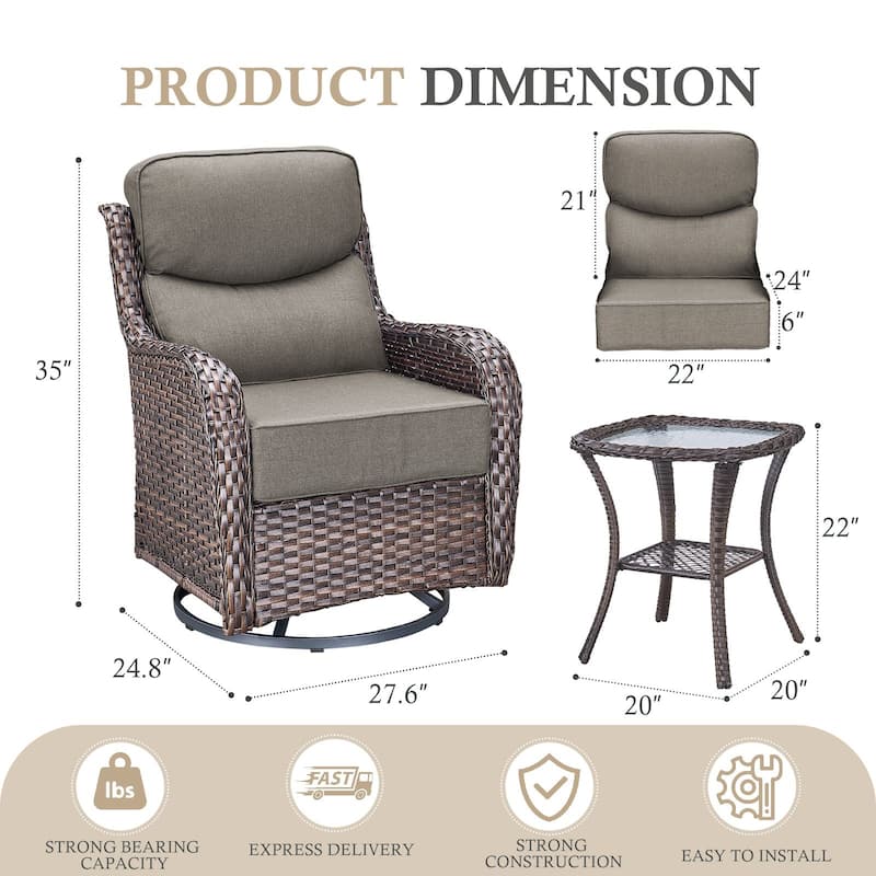 Arcadia 3-Piece Wicker Patio Swivel Glider Chairs with 6-Inch Thick Cushions and Side Table