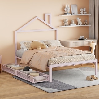 Full Size Metal Platform Bed with two drawers, House-Shaped Headboard Design