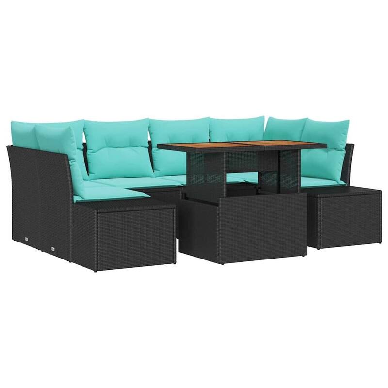 vidaXL 7 Garden Sofa Set with Cushions Black/Grey Poly Rattan - 91.7 x 60.6 x 27.2