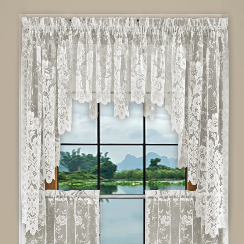 Floral Lace Kitchen Curtain, Cafe Tier, Valance or Swag Curtain - Ivory - 28'' x 32'' Swag Pair